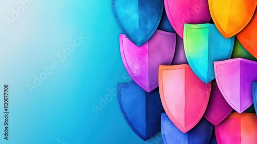 Layers of shields blending with watercolor gradients symbolizing multitiered healthcare security photo