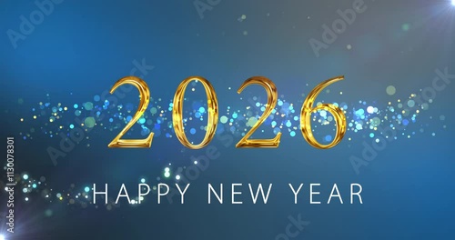 Sparkling wave fairy dust moving magical glittering Gold Happy New Year 2026. Shiny new year's eve greetings social media post card animation. Winter promos, holiday festive season.Merry Christmas bg.