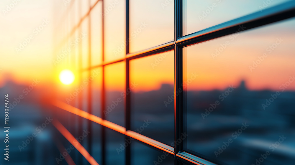 Fototapeta premium Stunning sunset reflecting off modern glass architecture, for city skyline and warm colors.