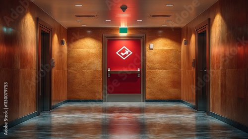 Modern hallway with emergency exit sign on a red door photo