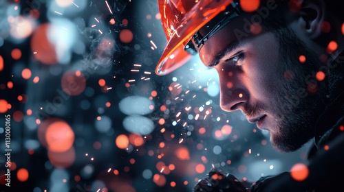 Industrial Settings A worker in a hardhat operating heavy machinery in a bustling factory, sparks flying from welding, with a backdrop of industrial equipment. photo