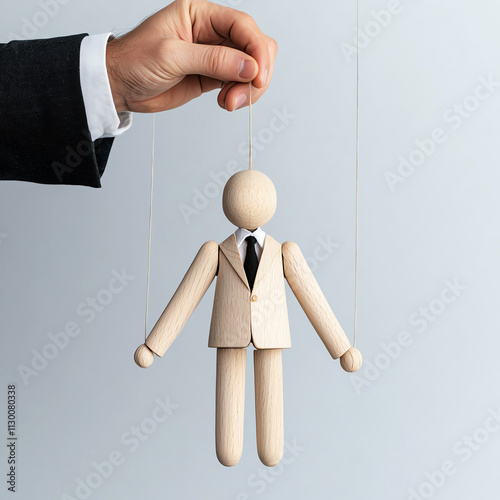 Wooden puppet in business suit being controlled by hand, symbolizing manipulation and corporate power.