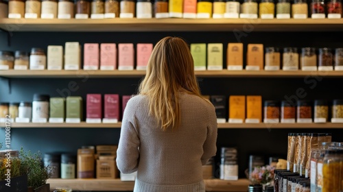 A woman choosing herbal teas in a cozy tea shop, back view, shelves filled with colorful packages photo