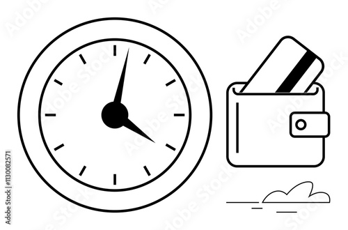 Clock with black dials and a wallet with a credit card. Ideal for time management, financial planning, budgeting, savings, punctuality, scheduling, and personal finance. Line metaphor