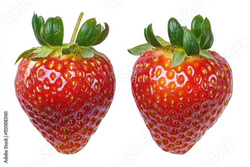 Two plump ripe strawberries with vibrant red skin dotted with tiny seeds photo