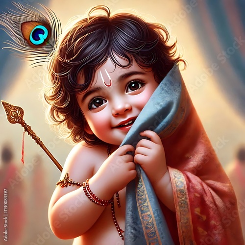 a hyper realistic image, a poster to celebrate Krishna Janmashtami, with baby Krishna eating freshly churned butter with his hands, from a pot, and space to write text
