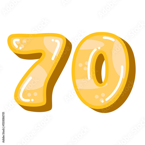 Number 70 vector illustration, yellow number seventy image, isolated on white background