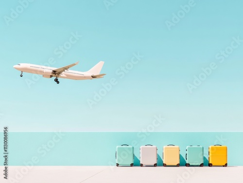 Minimalist Travel Concept Airplane and Suitcase Trail Against Clear Sky photo