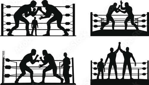 a black-and-white image of a boxing match with a man in a ring.