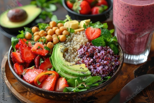 Wallpaper Mural A colorful quinoa salad with roasted vegetables, chickpeas, avocado slices, and a zesty lime cilantro dressing, served with a glass of freshly blended strawberry banana smoothie Torontodigital.ca