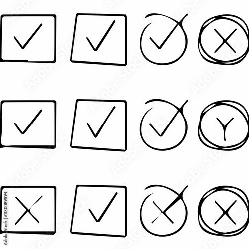 Handdrawn Checkmark Icon set Correct Incorrect Symbols White black isolate correct wrong ture line