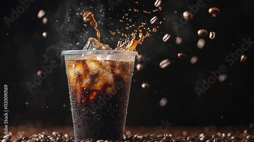 An iced coffee in a transparent plastic cup with dark background and coffee beans around for product advertisement