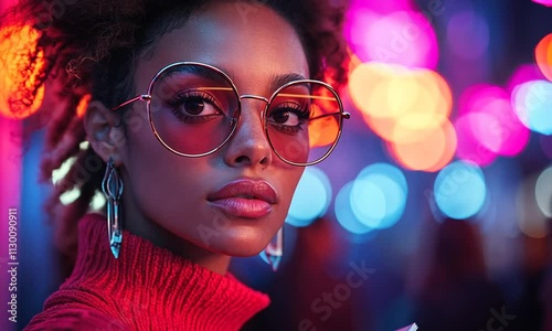 Woman with sunglasses and earrings in vibrant neon lights.