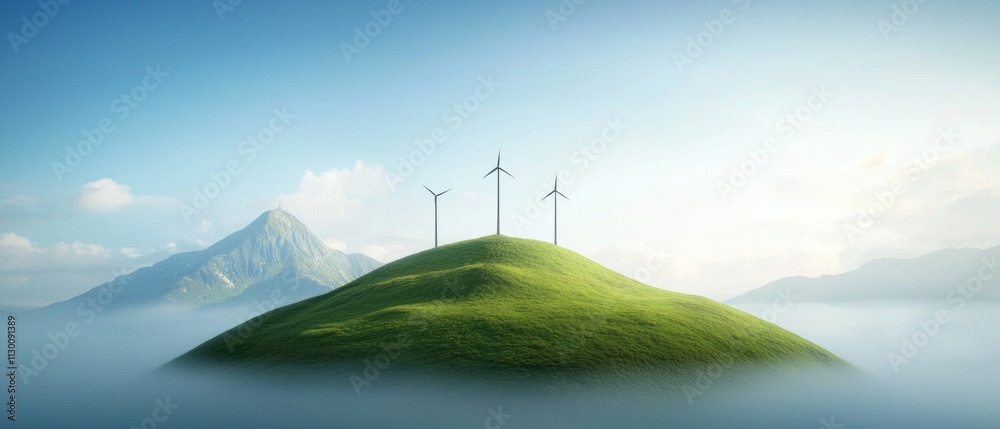 Obraz premium Wind turbines on a lush green hill nature landscape tranquil environment serene viewpoint sustainable energy concept