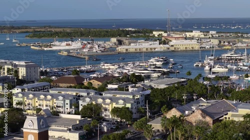 Aerial view of boats arriving at the Key West bight, golden hour in Florida, USA