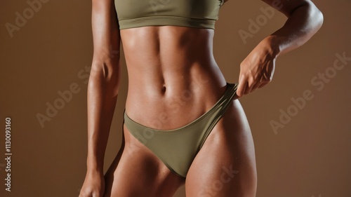 Close-up of a woman's toned midsection and hips wearing olive green bikini bottoms against a muted brown background.