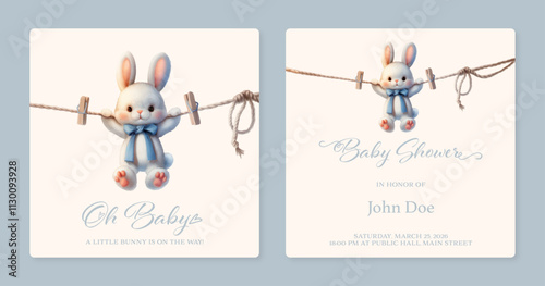 Baby Shower Invitation with Bunny Hanging on Clothesline Illustration, Blue and Beige Theme, A Little Bunny Is on the Way, Baby Shower Invitation Card