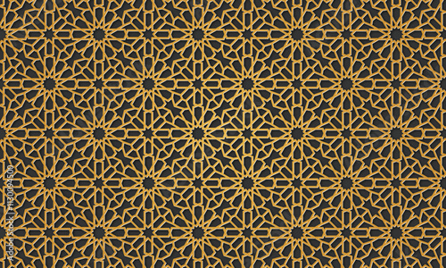 Gold islamic pattern geometric arabesque mosaic design on black background. Islamic ornament persian art vector decoration
