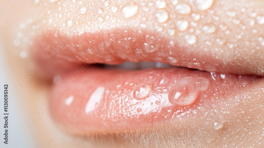 Fototapeta premium Soft pink lips glisten with water droplets, capturing a moment of freshness and hydration in gentle illumination