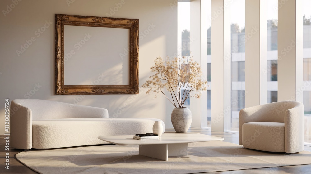 Fototapeta premium Frame mockup, Living room wall poster mockup. Interior mockup with house background. Modern interior design