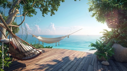 Ultra detailed wooden deck overlooking the sea, equipped with a hammock