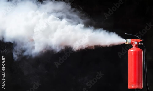 A red fire extinguisher discharges foam, creating a cloud-like spray against a dark background.