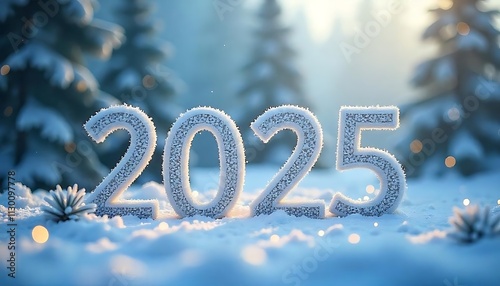 Artistic Happy New Year 2025 text design integrated with hand-drawn snowflakes, with whimsical pine trees in a pastel-colored snowy landscape photo