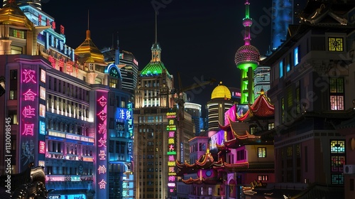 Fototapeta Naklejka Na Ścianę i Meble -  Colorful buildings are dazzling the pearl of Shangha
