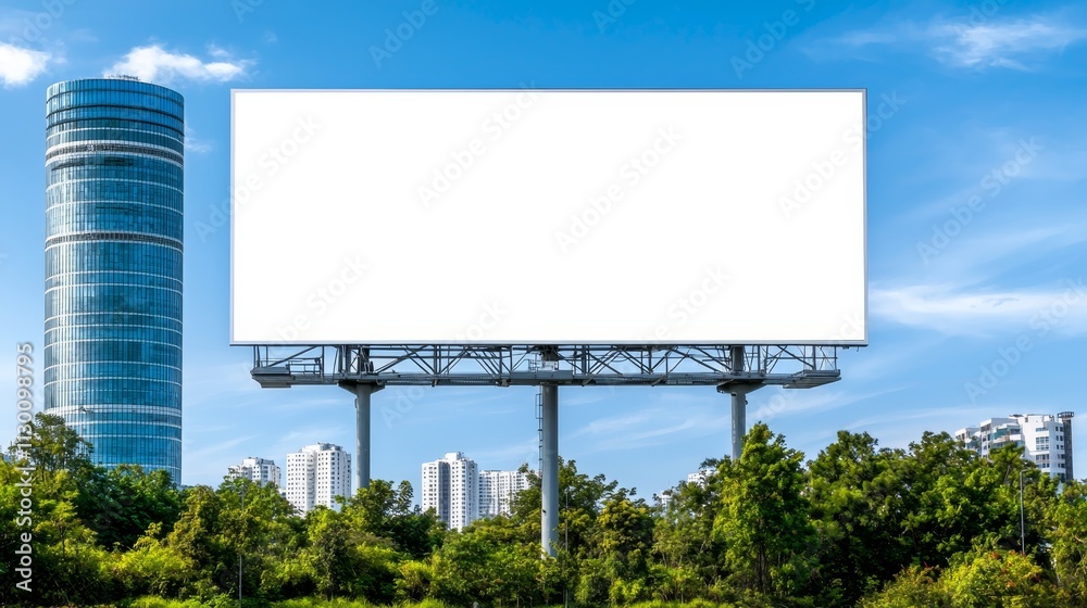 Fototapeta premium Modern Minimalist Banner Billboard with Copy Space Against Tall Office Building Background. 3D rendering