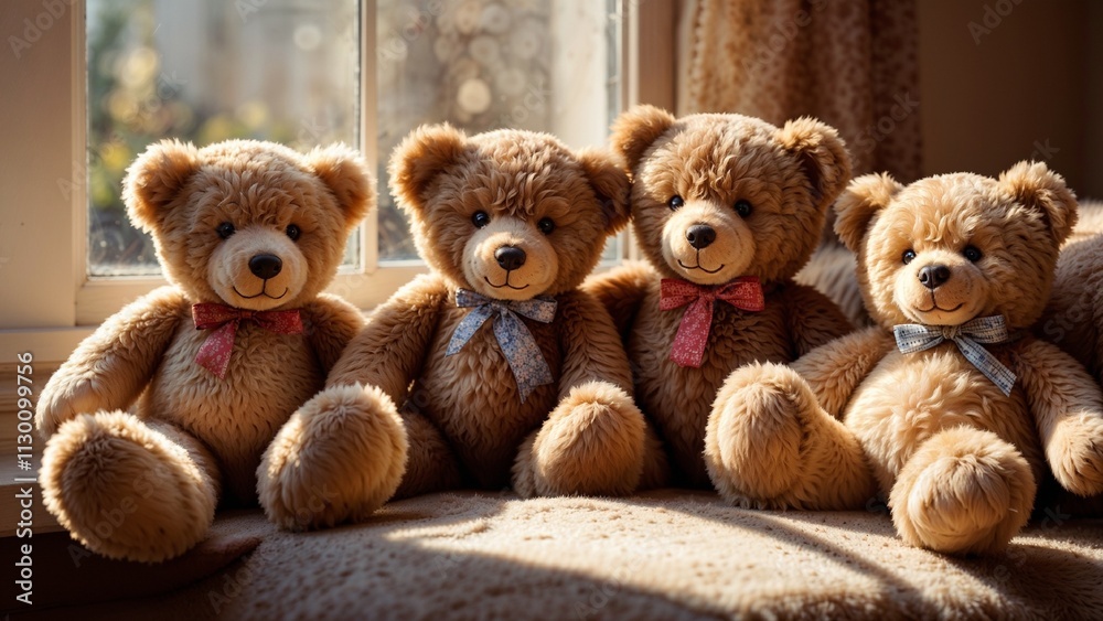 Fototapeta premium Row of teddy bears on a wooden bench indoors