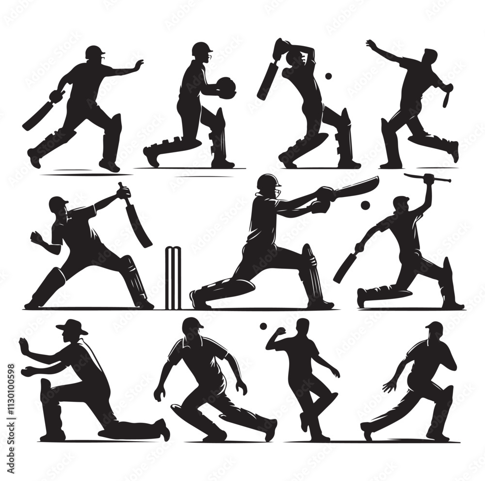 Obraz premium Cricket player set Silhouette vector illustration
