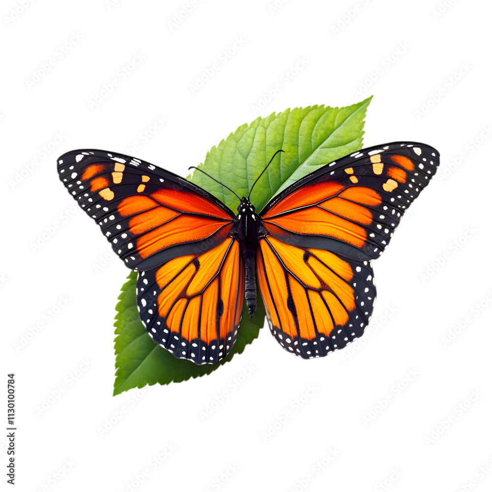 Obraz premium Vibrant Close-Up of an Orange and Black Monarch Butterfly on a Leaf in a Colorful Garden Ecosystem