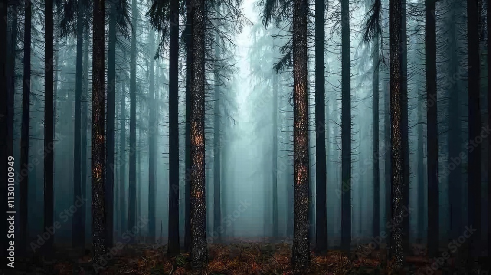 Fototapeta premium Enchanting forest shrouded in mist, showcasing tall trees and tranquil atmosphere.