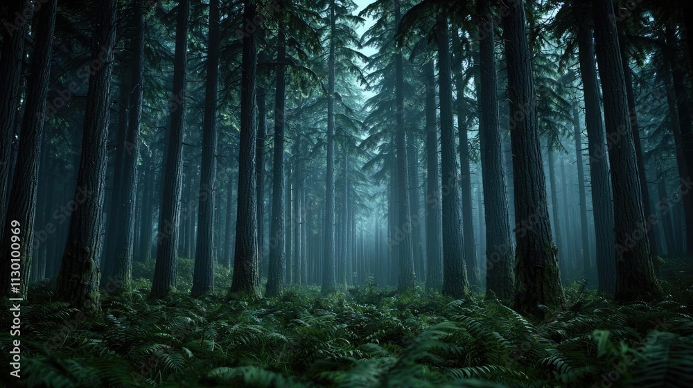 Obraz premium Misty forest scene revealing tall trees and lush greenery in a serene atmosphere.