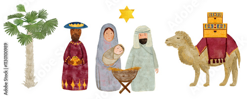 Fotografie Holy family, wise men, camel with gifts Christmas border digital watercolor