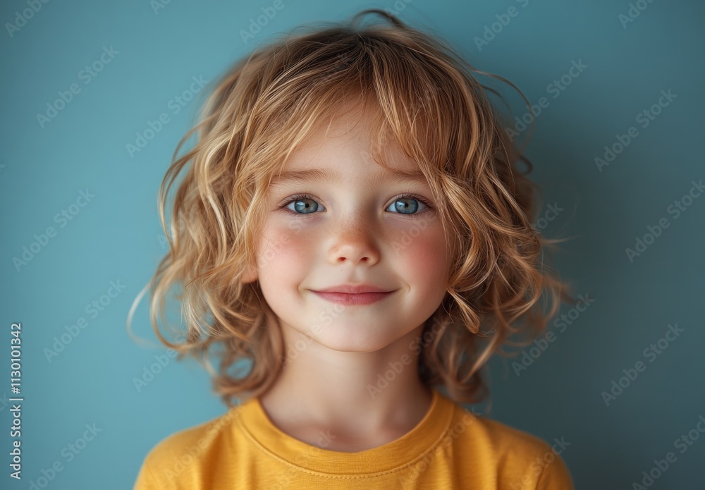 Naklejka premium Cheerful Portrait of Asian Child in Yellow T-shirt on Blue Background
