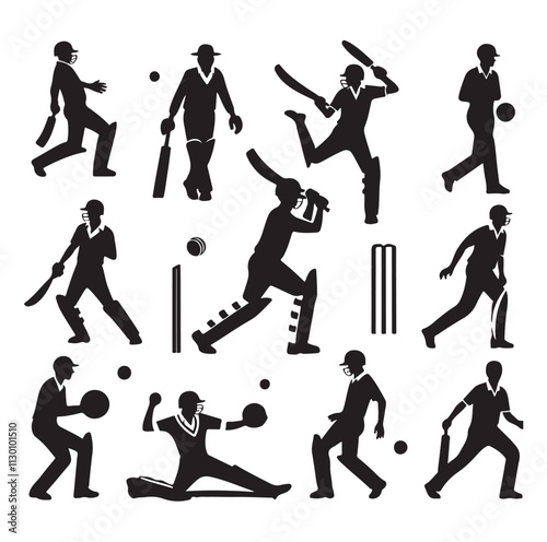 Cricket player set Silhouette vector illustration