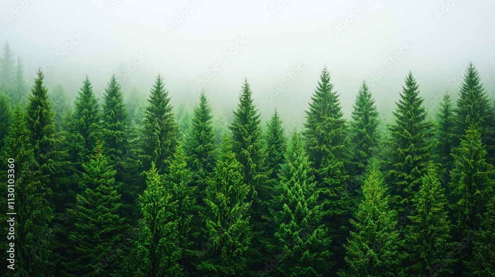 Fototapeta premium A serene forest scene shrouded in mist, showcasing lush green pine trees.