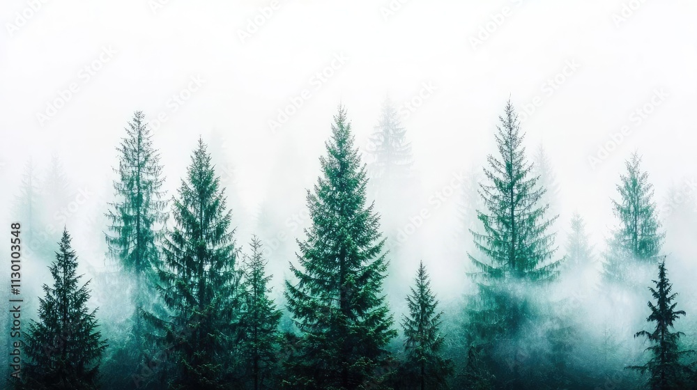 Obraz premium Misty forest scene with tall evergreen trees, evoking tranquility and natural beauty.