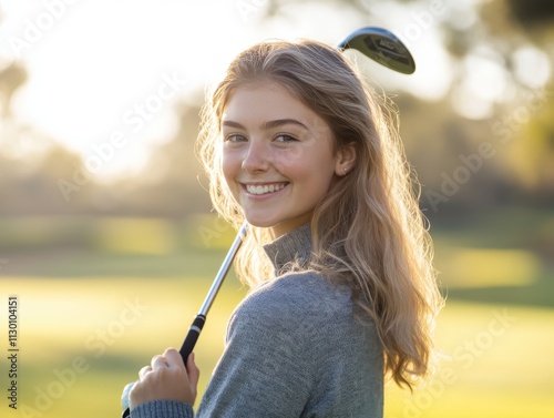 Smiling Teen Girl Golfer at Sunset, Holding Driver, Golf Course