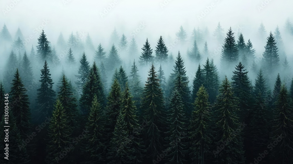 Fototapeta premium Misty forest landscape with tall pine trees surrounded by dense fog and natural beauty.
