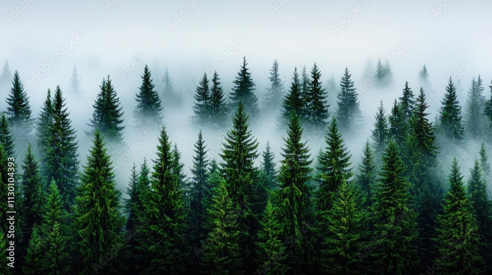 Fototapeta premium A serene forest landscape enveloped in a mystical fog, showcasing lush green coniferous trees.