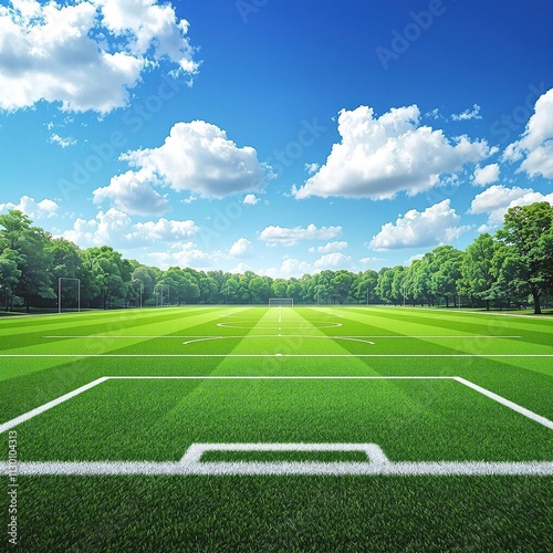A soccer field with a lush green grass surface and white chalk lines defining the penalty area, sports field, soccer field