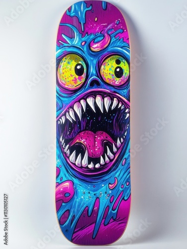 Skateboard deck with a vibrant monster design on white background photo