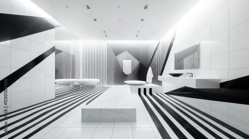 Obraz premium Chic monochromatic cleansing room with black and white color scheme, sharp geometric design, and minimalistic aesthetic 