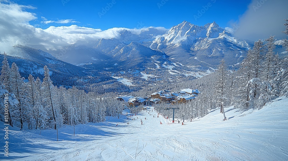 Fototapeta premium Snowy Mountain Resort in Bright Winter Day