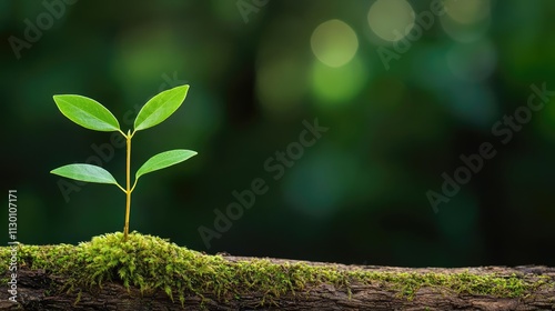 A vibrant young plant sprouting from a mossy log in a lush green environment.