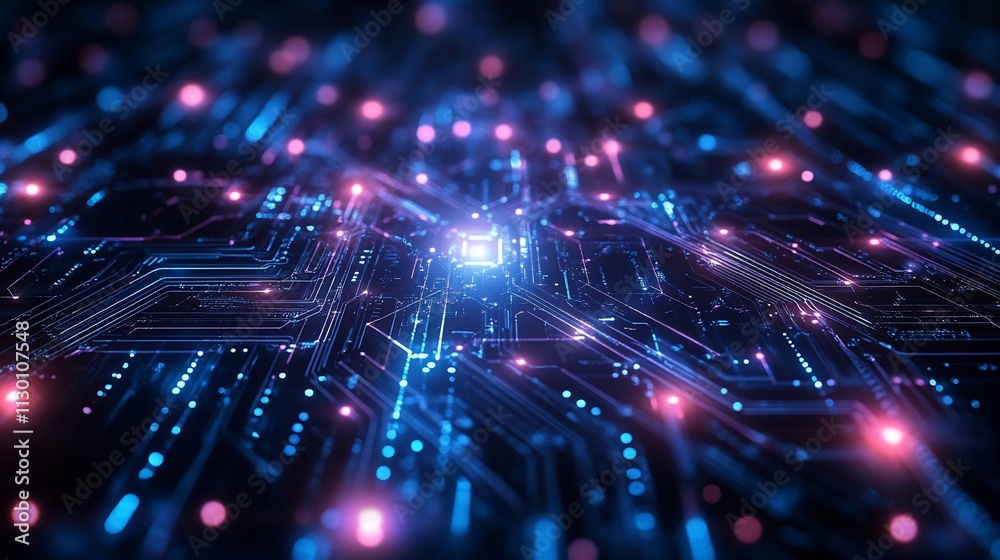 Obraz premium Abstract glowing circuit board, digital technology concept.