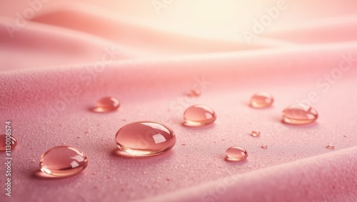 Water-Resistant Fabric Texture with Dew Drops Close-up Macro Shot of Pink Textile
