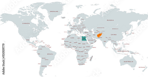 World Map Highlighting Specific Afghanistan and  egypt Countries in Color Highlight